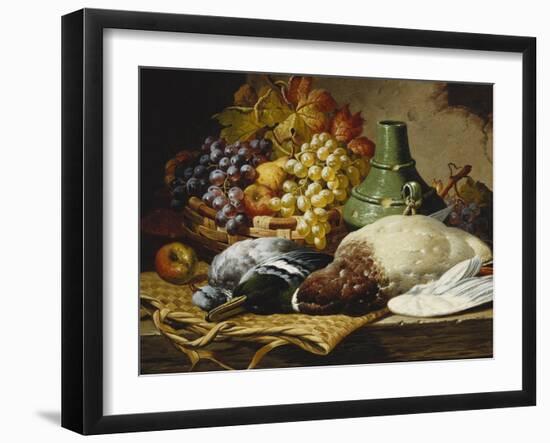 A Mallard and a Woodpigeon with a Basket of Apples and Grapes on a Wooden Ledge-Charles Thomas Bale-Framed Giclee Print