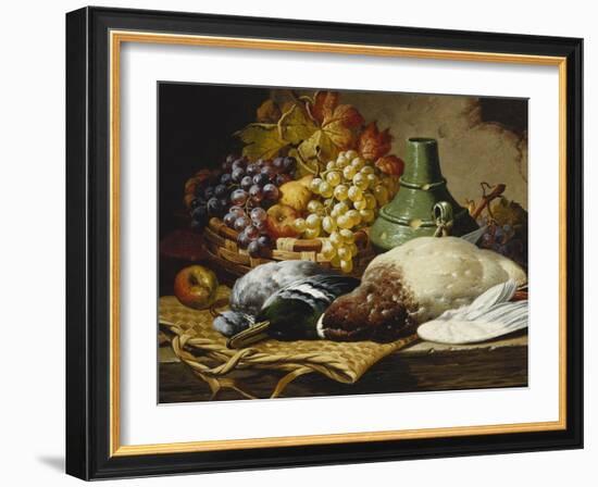 A Mallard and a Woodpigeon with a Basket of Apples and Grapes on a Wooden Ledge-Charles Thomas Bale-Framed Giclee Print