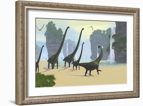 A Mamenchisaurus Dinosaur Herd Grazing Along a Lake-Stocktrek Images-Framed Art Print