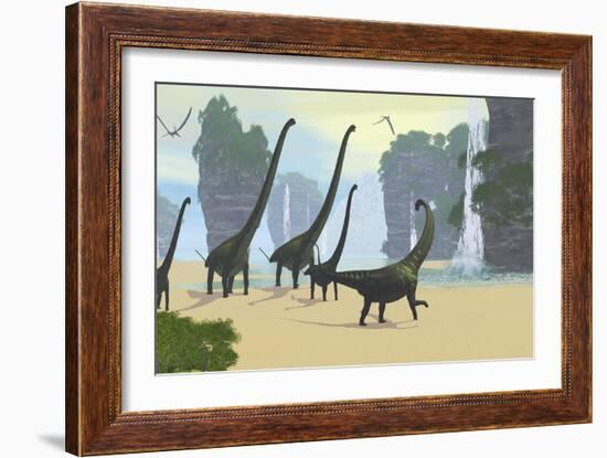 A Mamenchisaurus Dinosaur Herd Grazing Along a Lake-Stocktrek Images-Framed Art Print