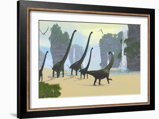 A Mamenchisaurus Dinosaur Herd Grazing Along a Lake-Stocktrek Images-Framed Art Print