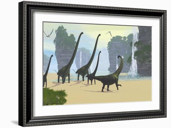 A Mamenchisaurus Dinosaur Herd Grazing Along a Lake-Stocktrek Images-Framed Art Print