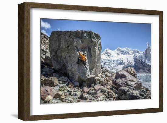A Man Boulders In Los Glaciares NP With Cerro Torre In The Bkgd, Santa Cruz Province, Argentina-Dan Holz-Framed Photographic Print