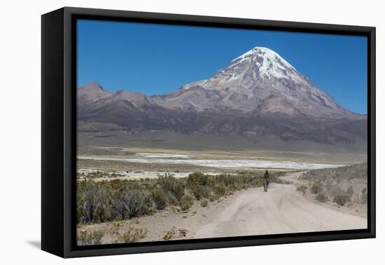 A Man Cycles in the Shadow of Sajama Volcano in Sajama National Park-Alex Saberi-Framed Premier Image Canvas