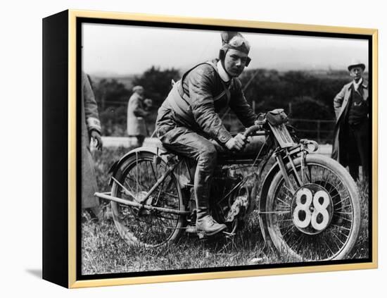 A Man Dressed in Leathers on a Harley-Davidson-null-Framed Premier Image Canvas