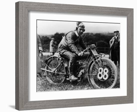 A Man Dressed in Leathers on a Harley-Davidson-null-Framed Photographic Print