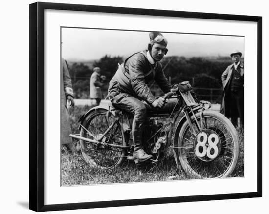 A Man Dressed in Leathers on a Harley-Davidson-null-Framed Photographic Print