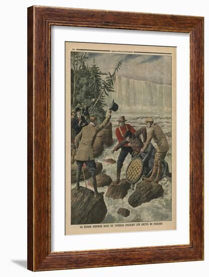 A Man in a Barrel Crossing the Niagara Falls-French School-Framed Giclee Print