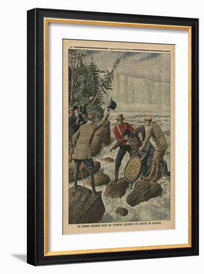 A Man in a Barrel Crossing the Niagara Falls-French School-Framed Giclee Print