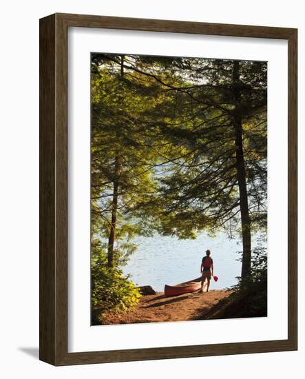 A Man Next to His Canoe at Zack Woods Pond, Hyde Park, Vermont, Usa-Jerry & Marcy Monkman-Framed Photographic Print