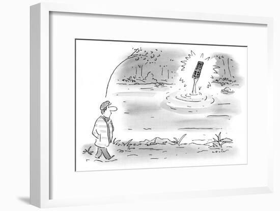 A man out for a walk, sees an arm rising from a lake holding a television … - New Yorker Cartoon-Arnie Levin-Framed Premium Giclee Print