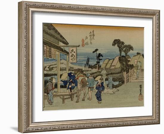 A Man Rises from His Horse in Front of a Teahouse, Where a Barmaid He Awaits-Utagawa Hiroshige-Framed Art Print