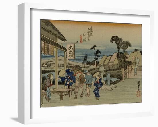 A Man Rises from His Horse in Front of a Teahouse, Where a Barmaid He Awaits-Utagawa Hiroshige-Framed Art Print