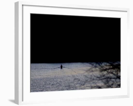 A Man Rows His Scull on Carnegie Lake-null-Framed Photographic Print