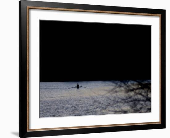 A Man Rows His Scull on Carnegie Lake-null-Framed Photographic Print