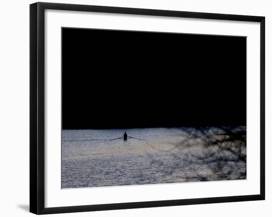 A Man Rows His Scull on Carnegie Lake-null-Framed Photographic Print