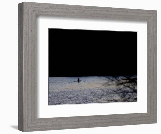 A Man Rows His Scull on Carnegie Lake-null-Framed Photographic Print