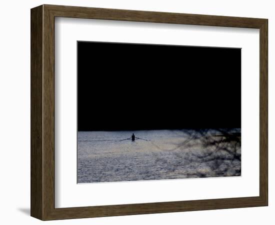 A Man Rows His Scull on Carnegie Lake-null-Framed Photographic Print