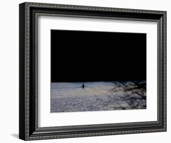 A Man Rows His Scull on Carnegie Lake-null-Framed Photographic Print