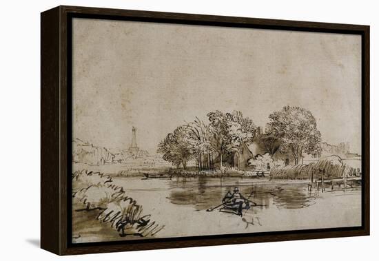 A Man Sculling a Boat on the Bullewijk, with a View Toward Ouderkerk, C.1650-Rembrandt van Rijn-Framed Premier Image Canvas