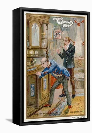 A Man Searching for a Bottle of Vintage Brandy-null-Framed Premier Image Canvas