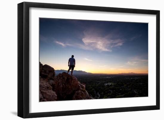 A Man Stands On A Rock Overlooking Salt Lake City, Utah-Lindsay Daniels-Framed Photographic Print