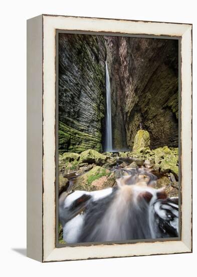 A Man Stands under Cachoeira Fumacinha Waterfall in Chapada Diamantina National Park-Alex Saberi-Framed Premier Image Canvas