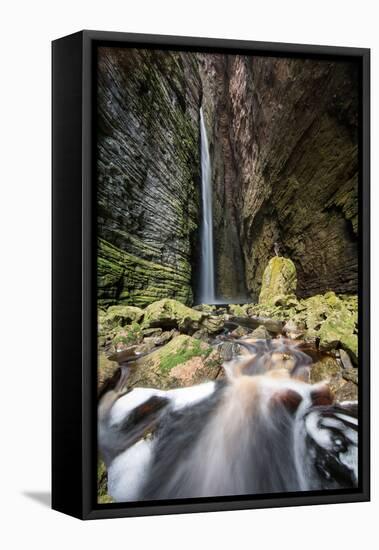 A Man Stands under Cachoeira Fumacinha Waterfall in Chapada Diamantina National Park-Alex Saberi-Framed Premier Image Canvas