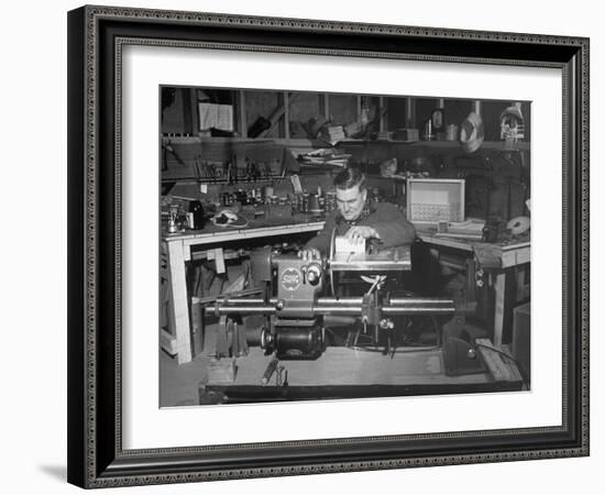 A Man Using the New "Shopsmith" a Multi-Purpose Power Tool for Carpentry Duties-null-Framed Photographic Print