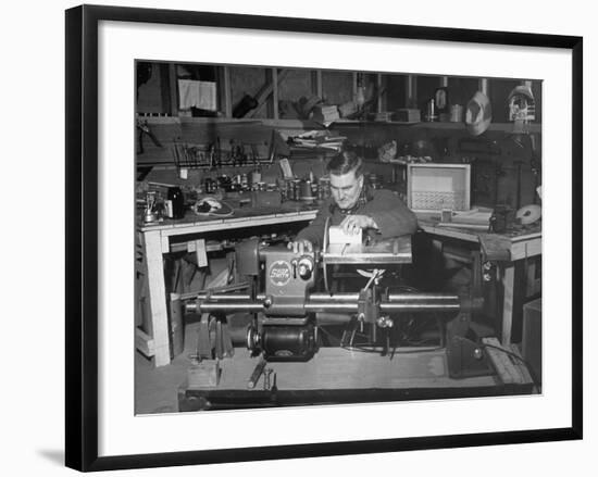 A Man Using the New "Shopsmith" a Multi-Purpose Power Tool for Carpentry Duties-null-Framed Photographic Print