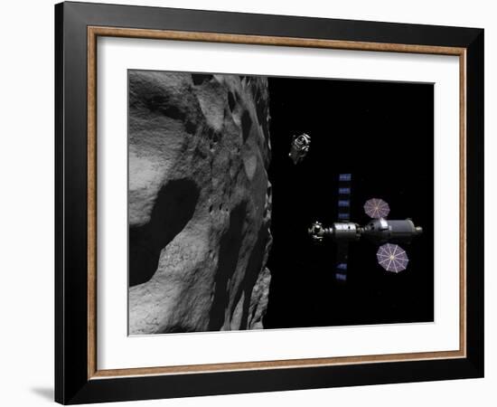 A Manned Maneuvering Vehicle Descends Toward the Surface of a Small Asteroid-Stocktrek Images-Framed Photographic Print