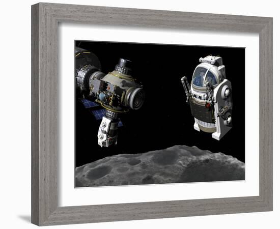 A Manned Maneuvering Vehicle Prepares to Descend to the Surface of a Small Asteroid-Stocktrek Images-Framed Photographic Print
