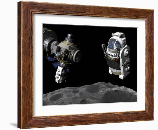 A Manned Maneuvering Vehicle Prepares to Descend to the Surface of a Small Asteroid-Stocktrek Images-Framed Photographic Print