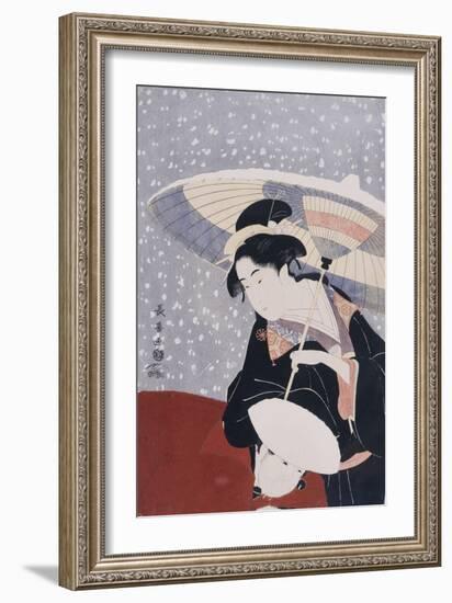 A Manservant Clearing the Geta of a Beauty on a Winters Day-Chokosai Eisho-Framed Giclee Print