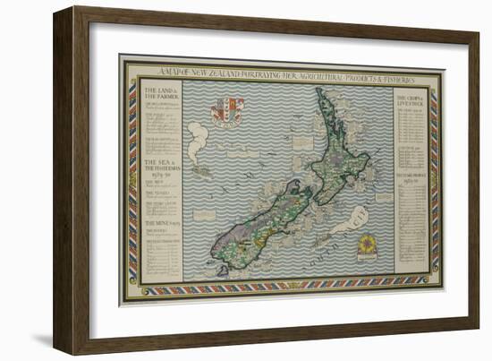 A Map of New Zealand Portraying Her Agricultural Products and Fisheries-null-Framed Giclee Print