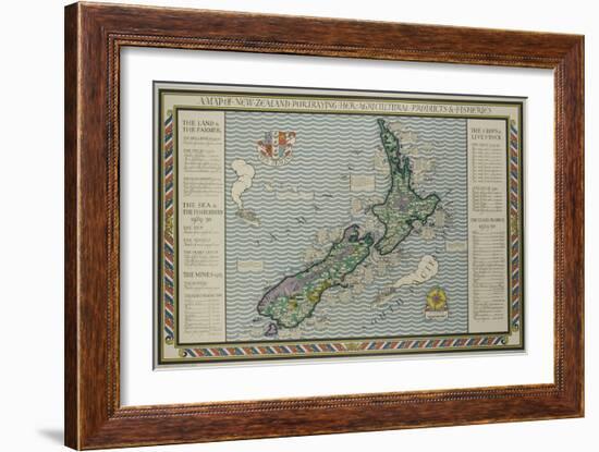 A Map of New Zealand Portraying Her Agricultural Products and Fisheries-null-Framed Giclee Print