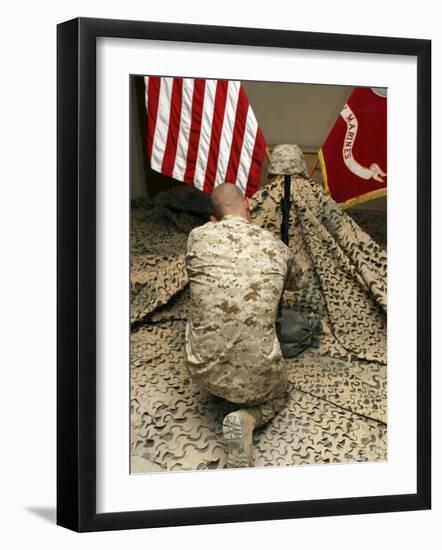 A Marine Kneels Before the Rifle, Boots and Identification Tags During a Memorial Service-Stocktrek Images-Framed Photographic Print