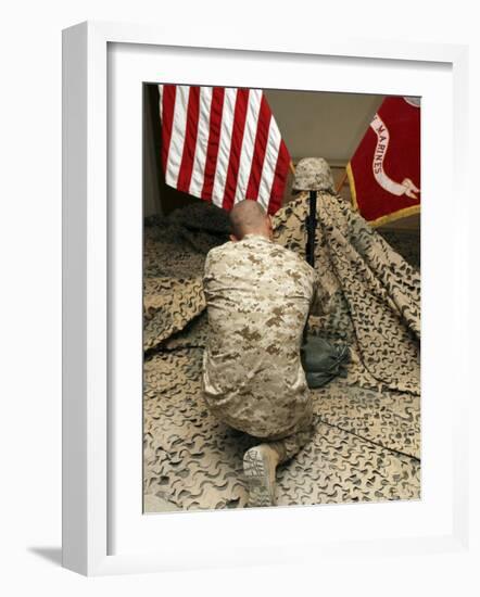 A Marine Kneels Before the Rifle, Boots and Identification Tags During a Memorial Service-Stocktrek Images-Framed Photographic Print