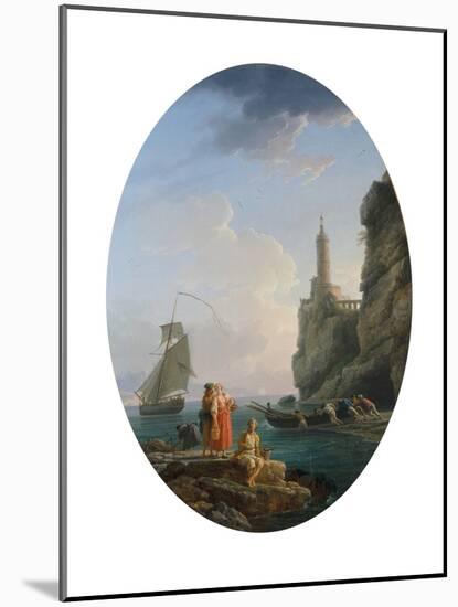 A Mediterranean Coastline with an Amorous Couple and Fishermen, 1767 (Oil on Canvas, Oval)-Claude Joseph Vernet-Mounted Giclee Print