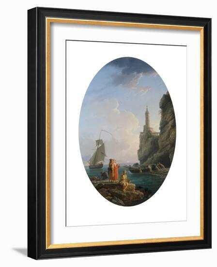 A Mediterranean Coastline with an Amorous Couple and Fishermen, 1767 (Oil on Canvas, Oval)-Claude Joseph Vernet-Framed Giclee Print