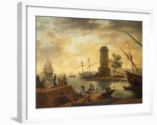 A Mediterranean Harbour Scene at Sunset-Claude Joseph Vernet-Framed Giclee Print