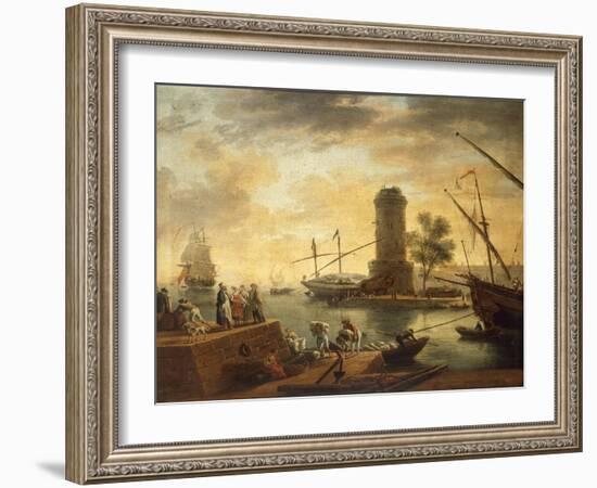 A Mediterranean Harbour Scene at Sunset-Claude Joseph Vernet-Framed Giclee Print