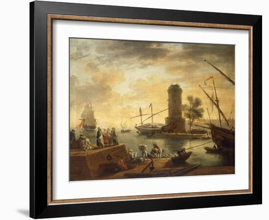 A Mediterranean Harbour Scene at Sunset-Claude Joseph Vernet-Framed Giclee Print