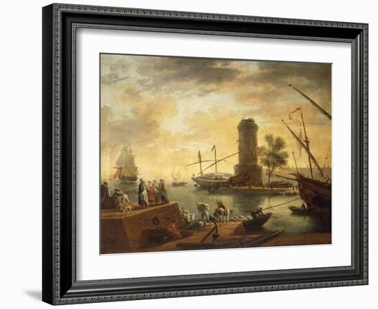 A Mediterranean Harbour Scene at Sunset-Claude Joseph Vernet-Framed Giclee Print