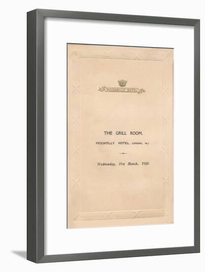 A menu for The Grill Room of the Piccadilly Hotel, London, 1920-Unknown-Framed Giclee Print