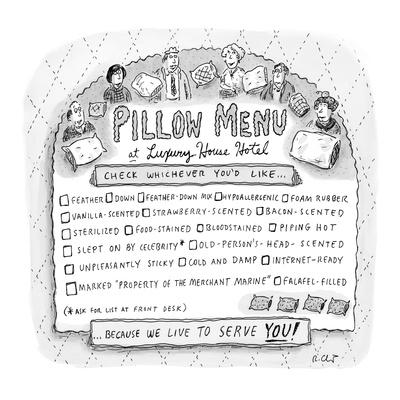 A Menu Of Different Kinds Of Pillows New Yorker Cartoon Premium