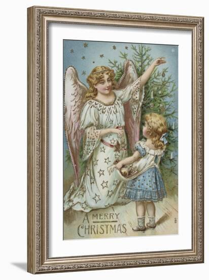 A Merry Christmas Postcard with an Angel and Little Girl-null-Framed Giclee Print