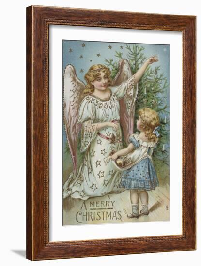 A Merry Christmas Postcard with an Angel and Little Girl-null-Framed Giclee Print