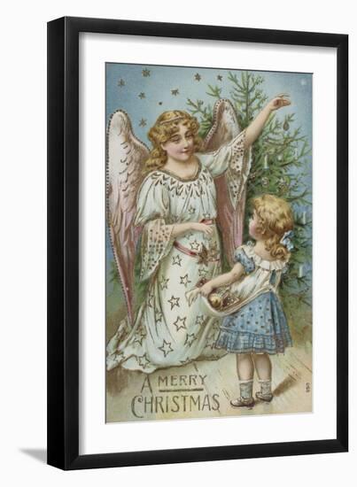 A Merry Christmas Postcard with an Angel and Little Girl-null-Framed Giclee Print