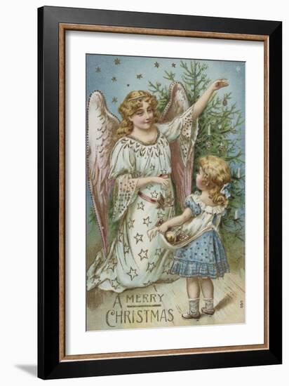 A Merry Christmas Postcard with an Angel and Little Girl-null-Framed Giclee Print